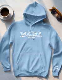 Load image into Gallery viewer, Personalized Embroidered Mama Hoodie with Kid Names on Sleeve, Mothers Day Gift, Birthday Gift for Mom, New Mom Gift
