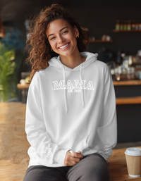 Load image into Gallery viewer, Personalized Embroidered Mama Hoodie with Kid Names on Sleeve, Mothers Day Gift, Birthday Gift for Mom, New Mom Gift
